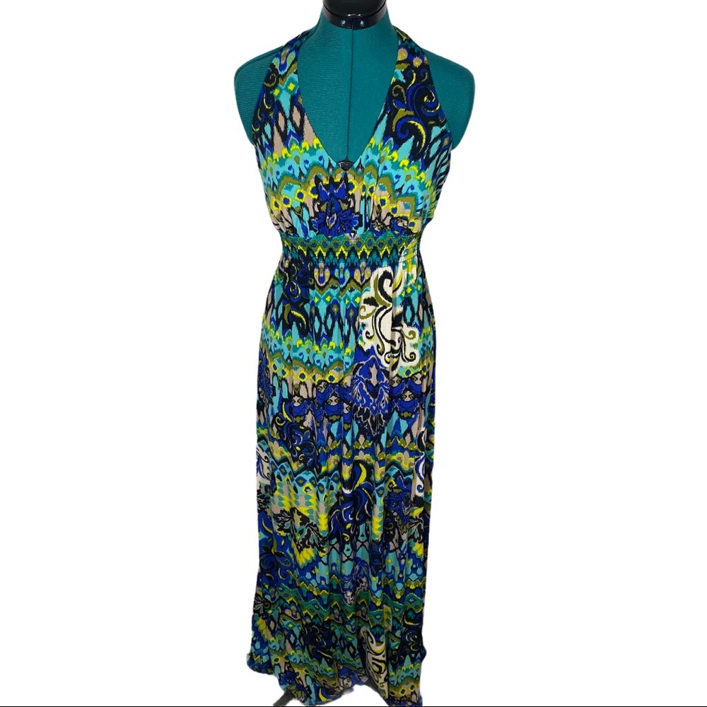 Bisou Bisou peacock halter maxi dress